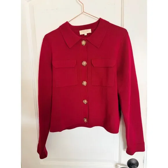 Sezane Betty Cardigan Womens Large Red Excellent 100% Merino Wool Button Front - Picture 2 of 6